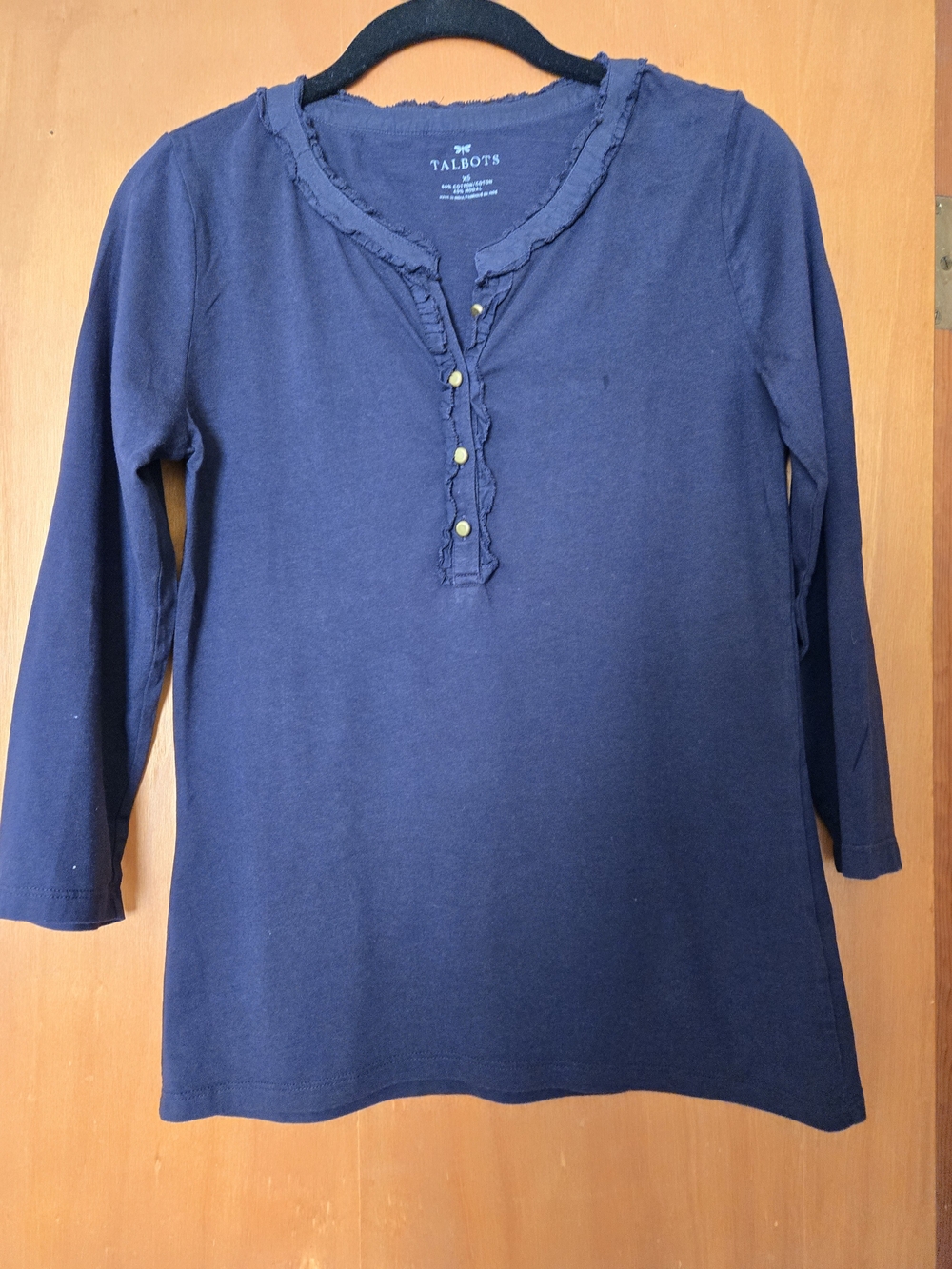 Talbots Navy Ruffle 3/4 Sleeve Cotton /Modal Misses Henley